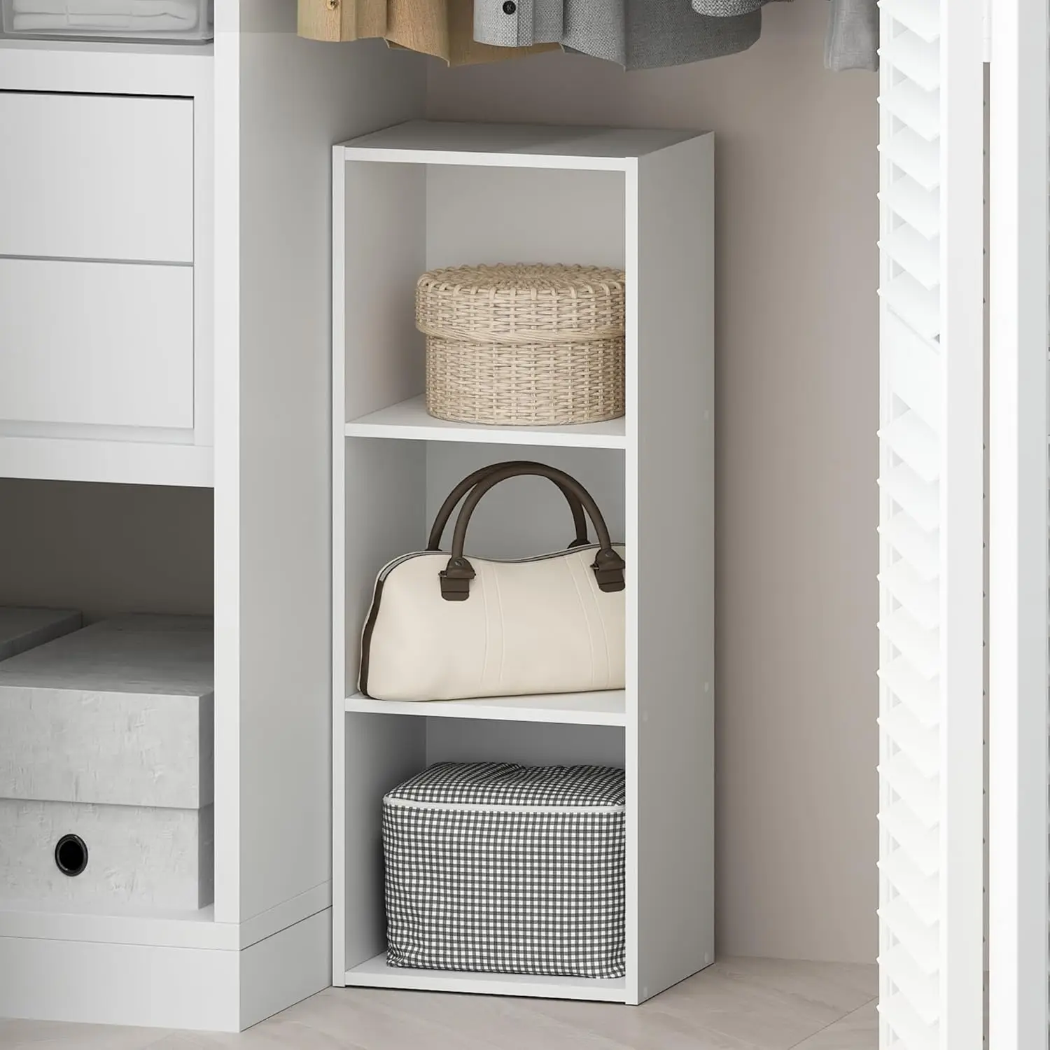 

3-Tier Open Shelf Closet Organizer for Wardrobe, Bedroom, and Living Room Storage in White