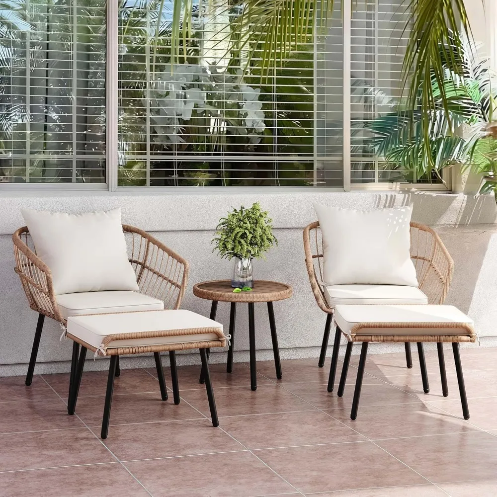

5-Piece Outdoor Wicker Furniture Set, All-Weather Patio Bistro Set with Footrest, Small Patio Conversation Set for Balcony Outs