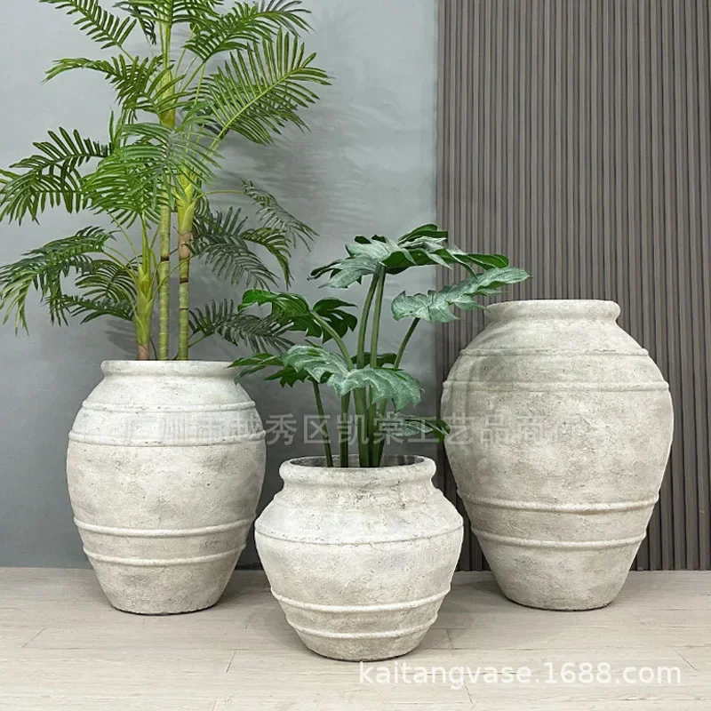 Retro cement flower pot wabi wind courtyard balcony planting hotel homestay decoration antique jar landscape decoration
