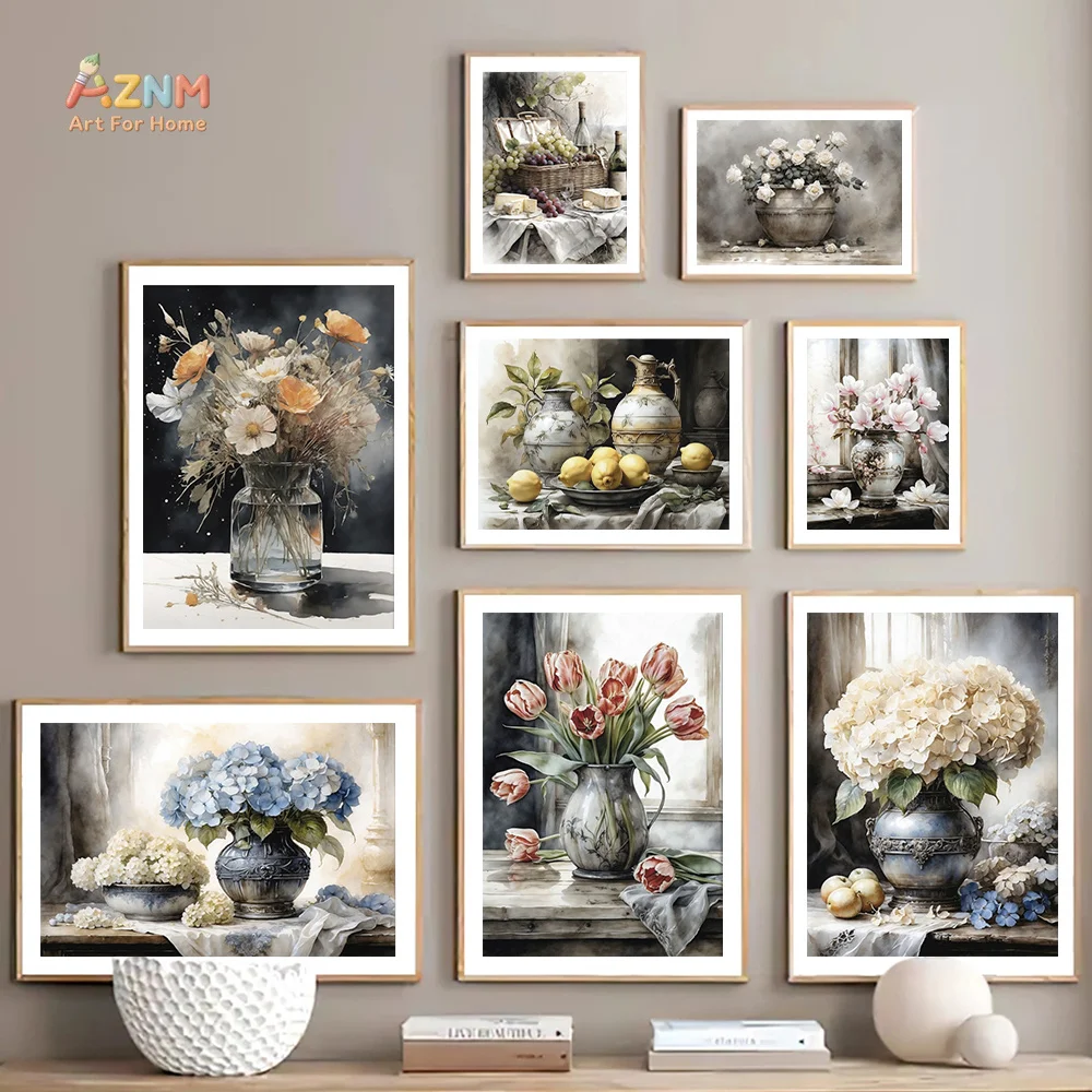 AZNM Vintage Floral Still Life Canvas Wall Art,Watercolor Tulip Hydrangea Flower Vase Unframed Canvas Poster for Living Room Din