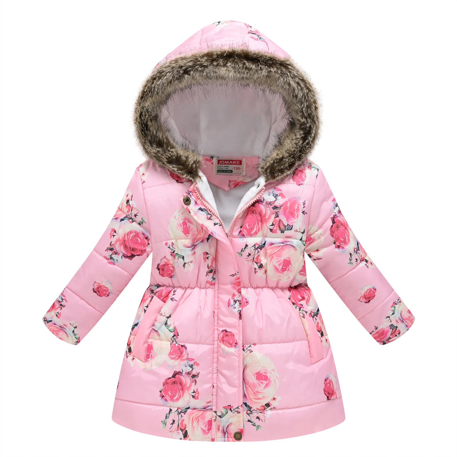 

Winter Girls Jacket Warm Fur Collar Fashion Prints Little Princess Coat Hooded Zipper Girls Outerwear Kids Clothes 3-10 Years