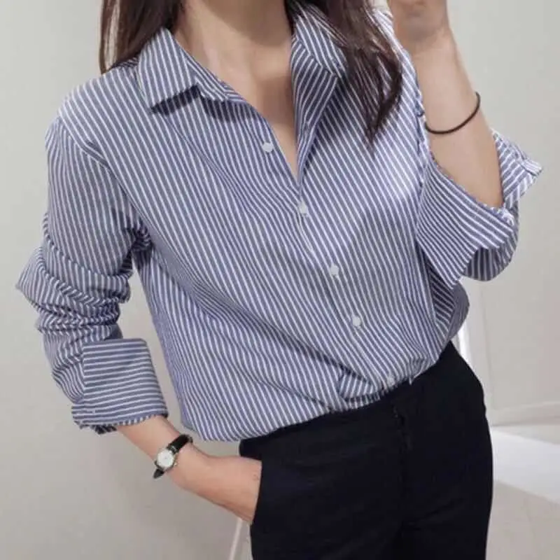 Striped Youth All-match Blouse Spring Autumn New Long Sleeve Polo Neck Loose Casual Shirt Tops Vintage Fashion Women Clothing