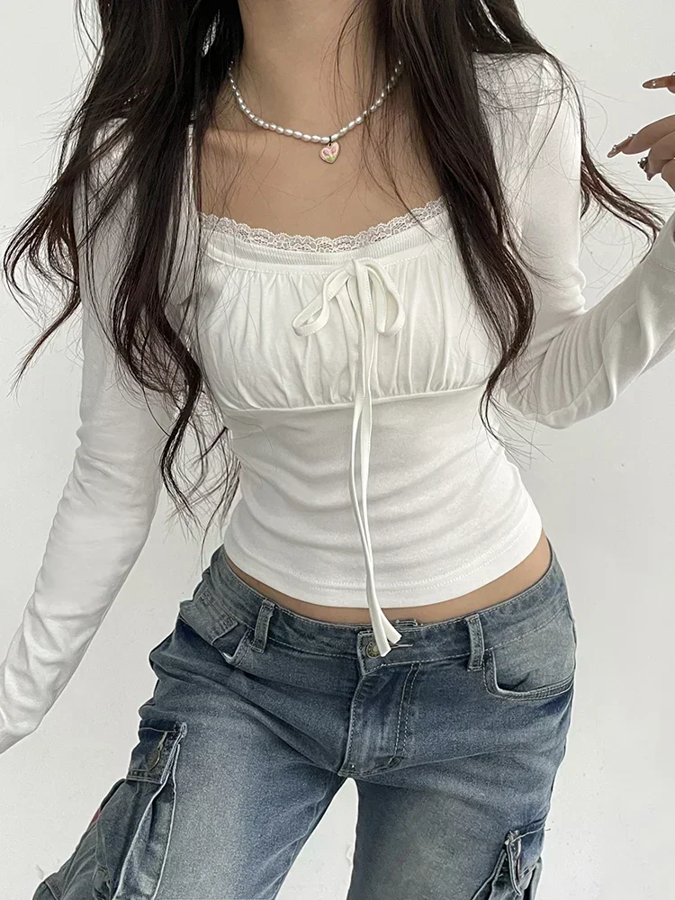 Laço ruched renda guarnição gola quadrada magro manga longa branco coreia roupas femininas y2k camiseta feminina bonito japonês kawaii roupas