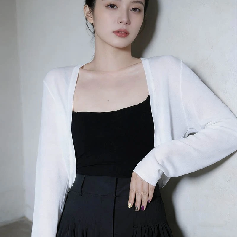 

Летний тонкий кардиган из ледяного шелка для женщин, укороченный топ-накидка с открытым передом для платья, повседневной носки, пляжа, офиса, отпуска ﻿