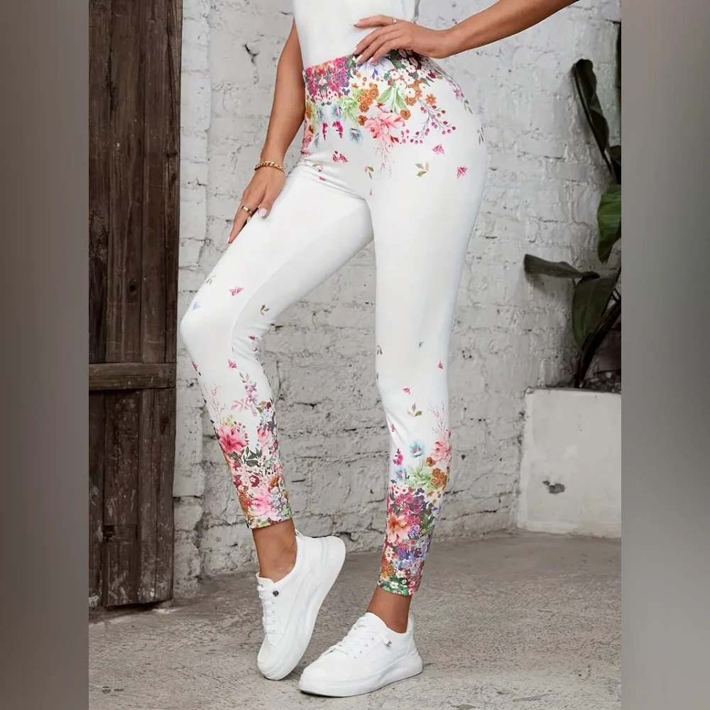 Plant-flower print elastic elastic waist slim-fit leggings for women