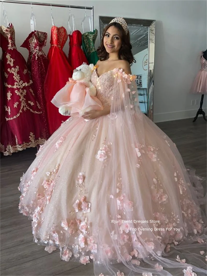 Xijun Baby Pink Ball Gown With 3D Flowers Sweet 16 Dress Embroidery Cape Ball Gown Beaded Long Sweet Frill Party Dress 2023