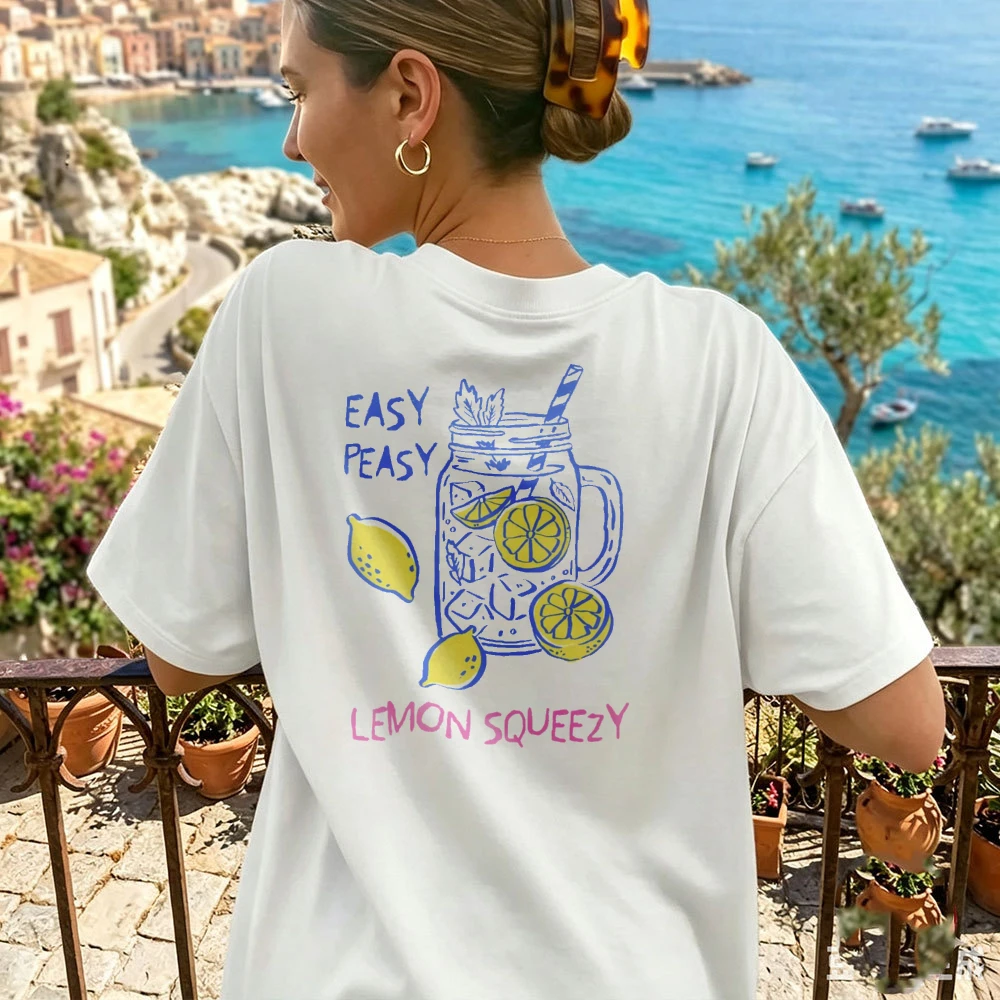 Oversized Lemonade Crew Neck T-Shirt With Mason Jar Straw Mint Leaf Ice Cubes Easy Peasy Lemon Squeezy