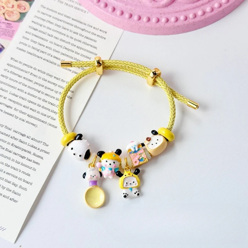 Sanrio Cartoon Cute Pochacco Cinnamoroll Dopamine Drip Oil Hand-Painted Alloy Beaded Bracelet Girl's Heart Bracelet Holiday Gift