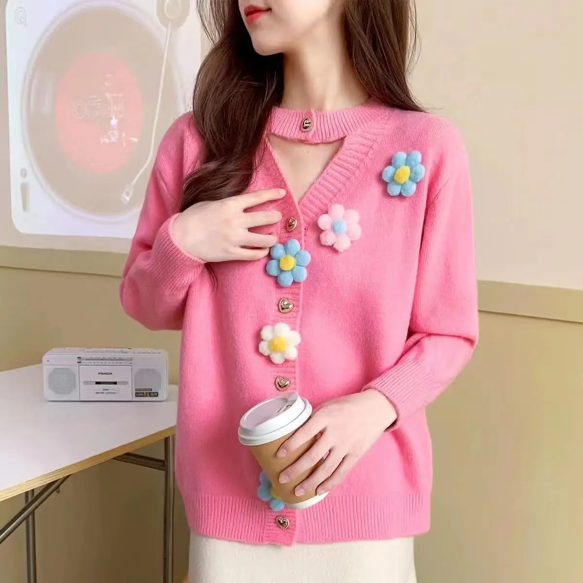 Korean Fashion Loose Autumn Winter Thin Buttons Patchwork Sweet Solid Color O-neck Long Sleeve Women Clothing Pullovers Cardigan