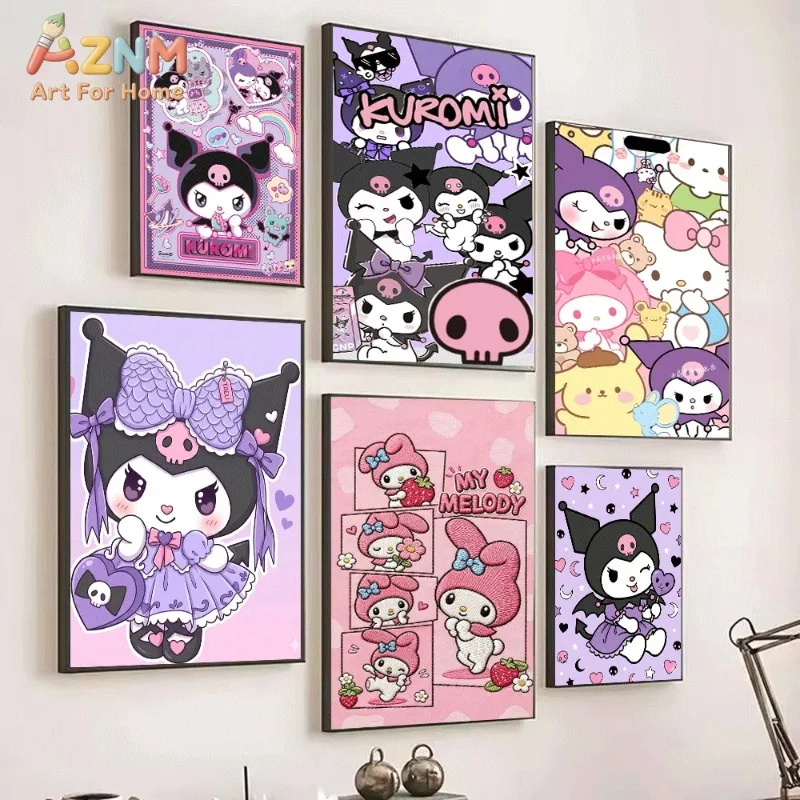 Sanrio Kuromi Pink Purple Collage Canvas Wall Print No Frame Cute Devil Character Cartoon Poster Rainbow Heart Sweet Girly Bedro