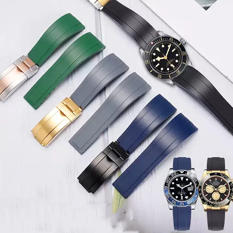 

20mm Nature Soft Silicone Rubber Watchband For Rolex Watch Strap Daytona Submariner GMT OYSTERFLEX Bracelet Folding Buckle