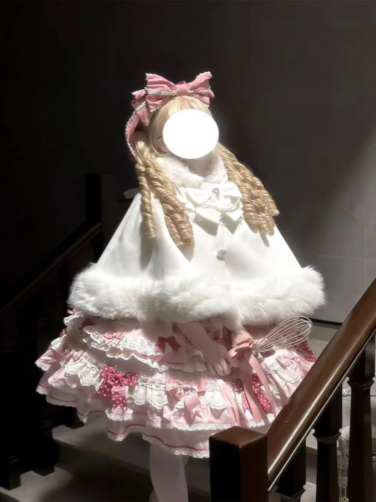 

Winter New Lolita Sweet Shawl Overcoat Women Design Bow Hooded Patchwork Kawaii Cope Woolen Female Warm Chic Fur Collar Coat