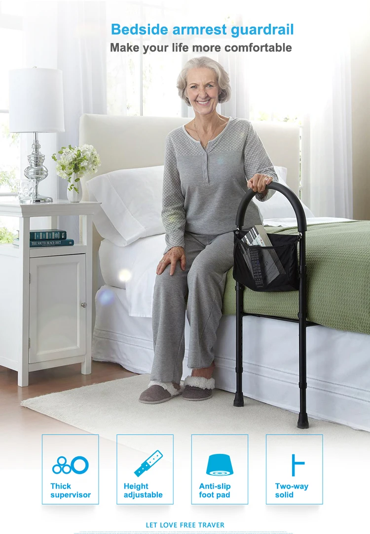 سكة أمان للسرير المنزلي لكبار السن خفيفة الوزن وقابلة للطي بمقبض من البولي يوريثان، حاجز أمان للسرير للمعاقين