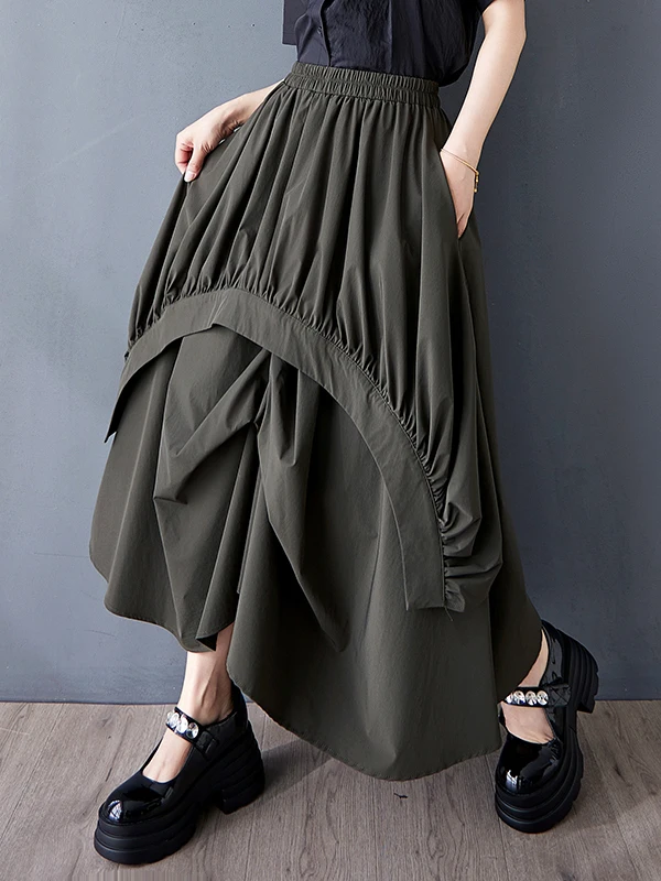 Gonna longuette a trapezio a vita alta casual da donna Faion pieghettata coreana Sle Gonne versatili in vita elastica Stagione estiva