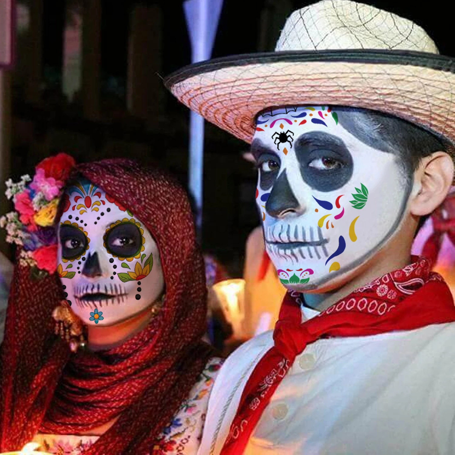 

Facial tattoos and skull-painted Day of the Dead decorations, suitable as accessories and small party gifts