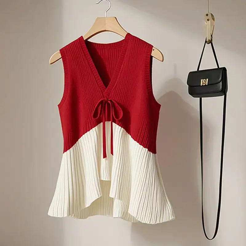 Elegant Chic Contrasting Color Rib Knit Vest Tops V-neck Lace-up Hem Pleated Office Casual Tank Sweater Vest Women Spring Autumn