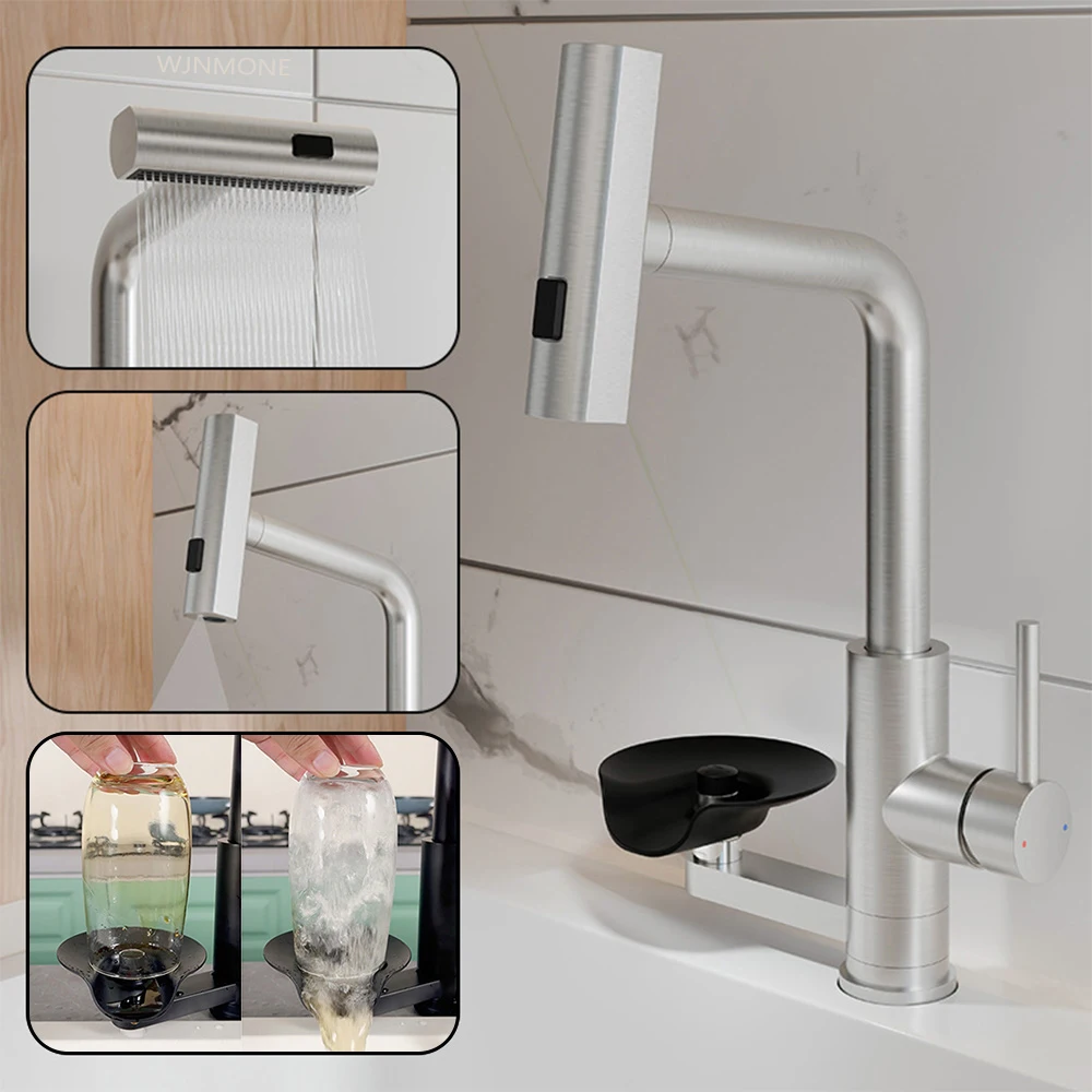 Brushed/Black Kitchen Sink Faucet with Cup Wash Waterfall Pull Out Nozzle Swivel Kitchen Faucets Single Hole Hot Cold Mixer Taps