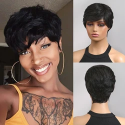 Natural Black Pixie Cut Human Hair Wigs Short Straight Bob Remy Hair for Women Natural Layered Wig with Bangs Cheap Glueless Wig