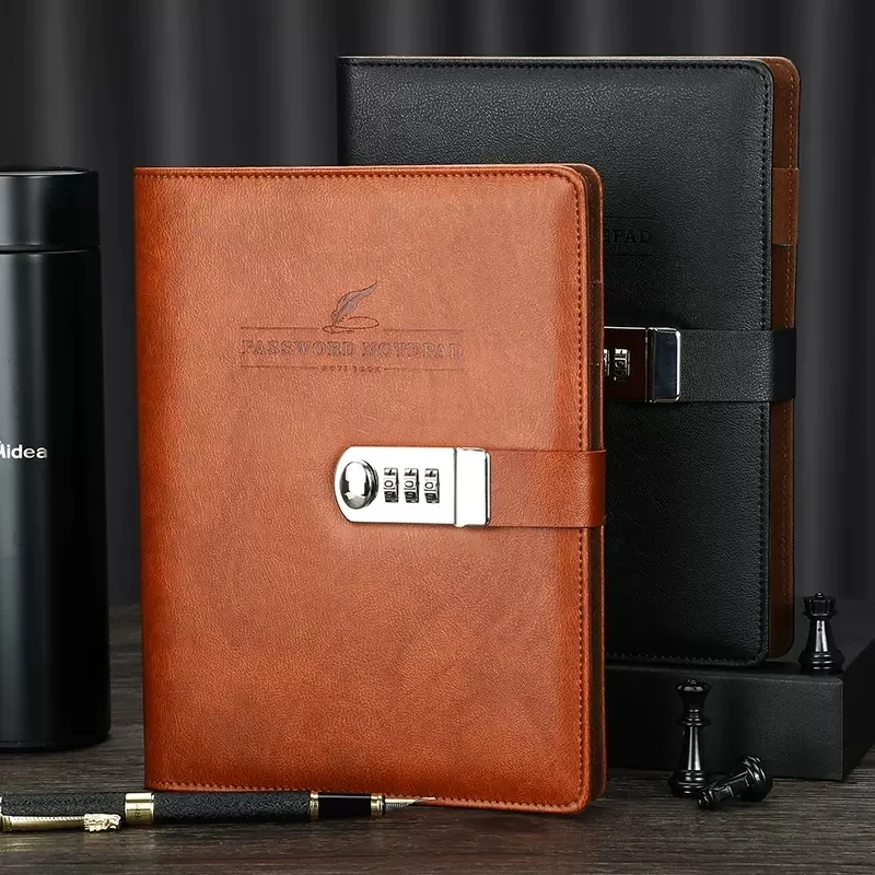 A5 PU leather padfolio business travel notebook daily planners organizer with Password Lock Loose Leaf 6-hole ring binder