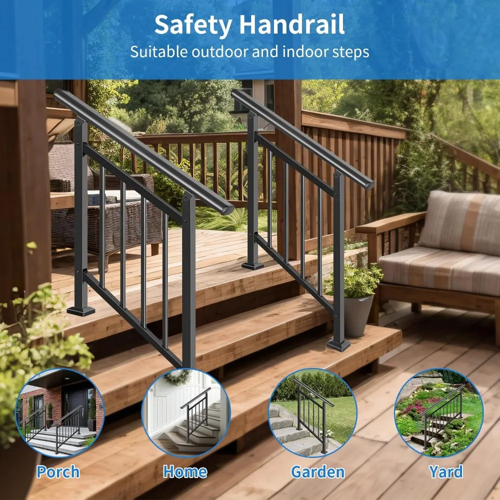 2-in-1 3 Step Stair&Horizontal Handrail Outdoor,Black Wrought Iron Handrails for Outdoor Steps,Porch Railing,Installation Kit