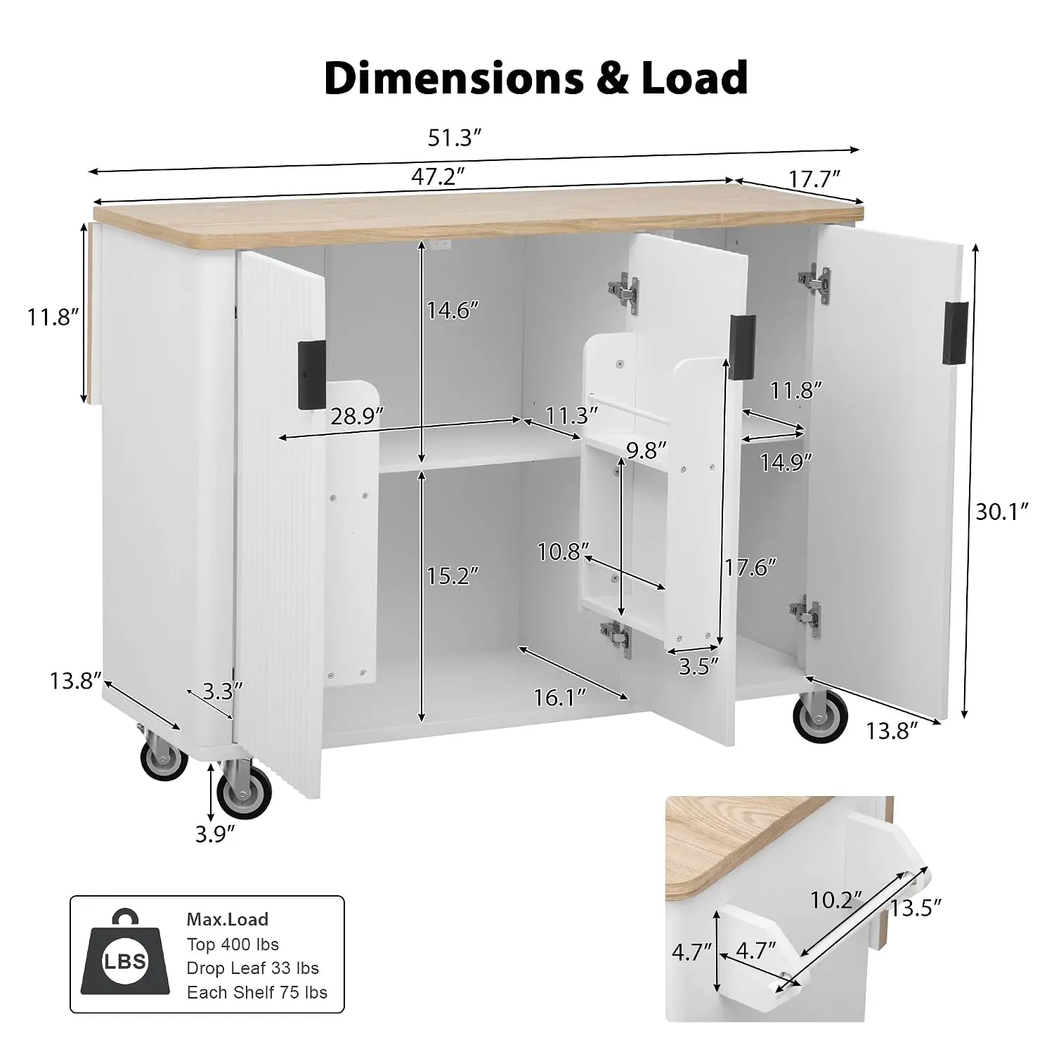 Rolling Kitchen Island, Drop-Leaf Table, 3D Textured Panel, Storage Shelves, Towel Rack & Lockable Wheels, 51