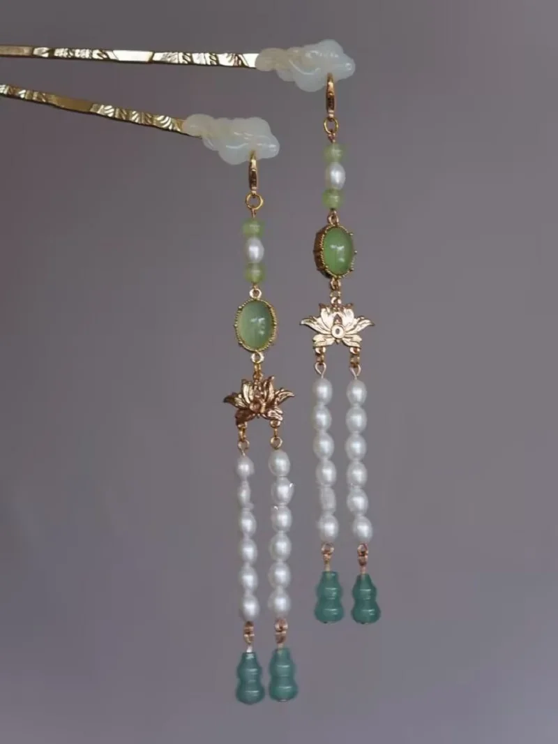 Womens Hair Stick Imitation Jade With Gourd Beaded Fringe Chinese Headwear