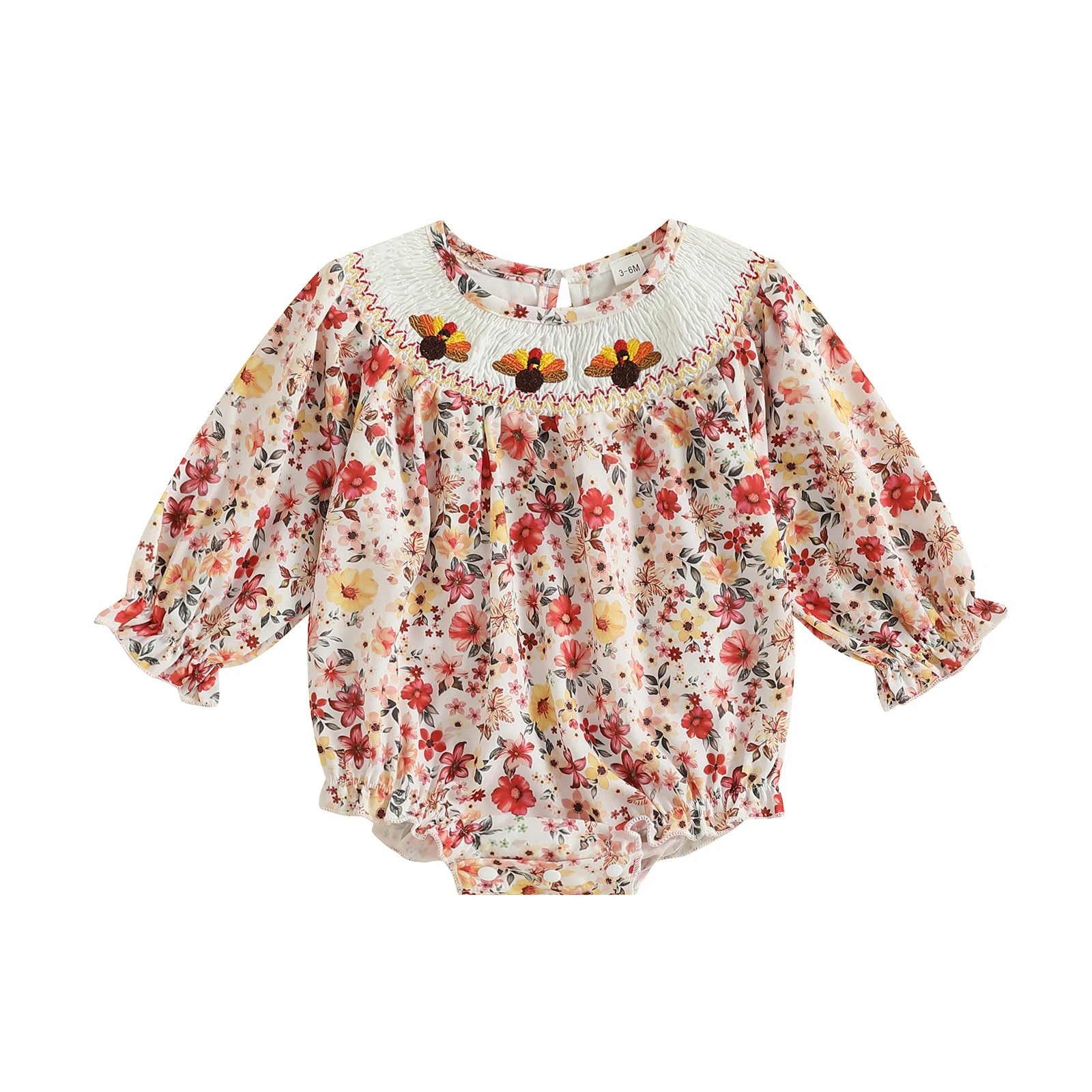 

Baby Girl Thanksgiving Romper Floral Turkey Pumpkin Crewneck Long Sleeve Smocked Bodysuit Cute Fall Clothes