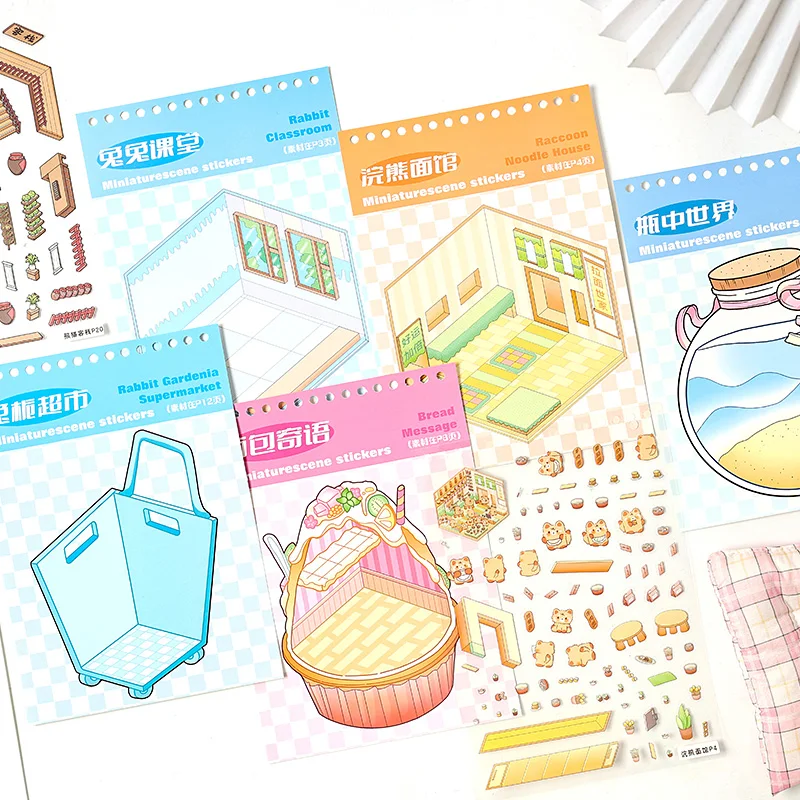 1Style 40pcs Cartoon Miniature Scene 3D kawaii Stickers book DIY Cabin Scene Stacking Pasting Hand Account Gift for Kid Child
