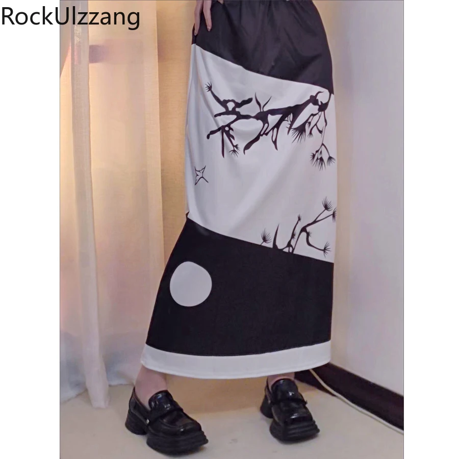 High Split Maxi Long Black Skirt Elastic Waist Midi Skirts Harajuku Gothic Japanese Letter Grunge Punk y2k Street hippie vintage