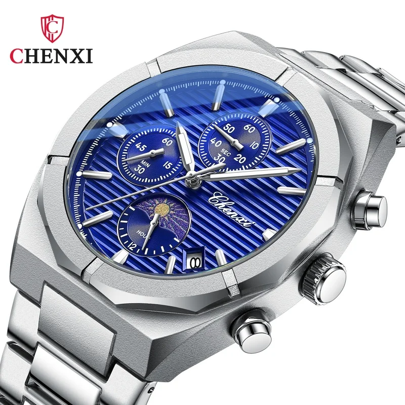 CHENXI 962 Fashion Men's Quartz Watches Moon Phase Calendar Chronograph Waterproof Stainless Steel Strap Casual Men Wristwatch