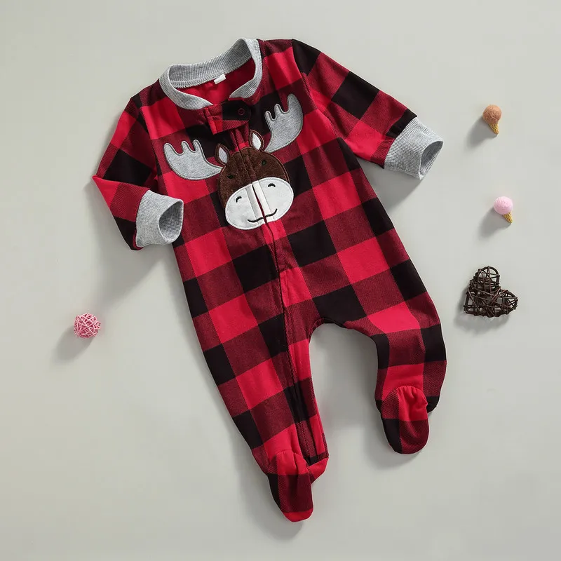 0 to 9 Months Christmas Newborn Baby Girl Boy Plaid Romper Deer Embroidered Long Sleeve Round Neck Footed Jumpsuit