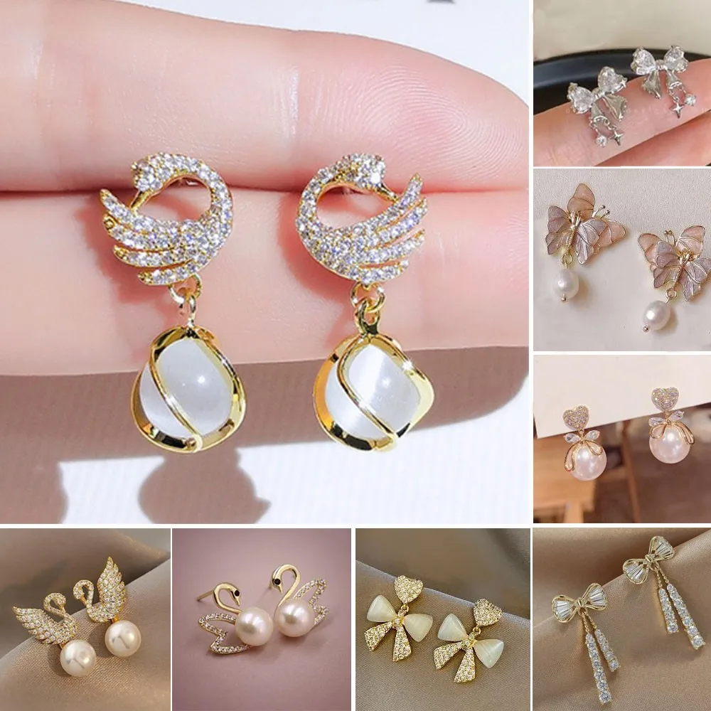 925 Silver Needle Fashion Noble Sparkling Crystal Swan Earrings For Women Korean Cat's Eye Stone Drop Earrings 2024 Trendy New