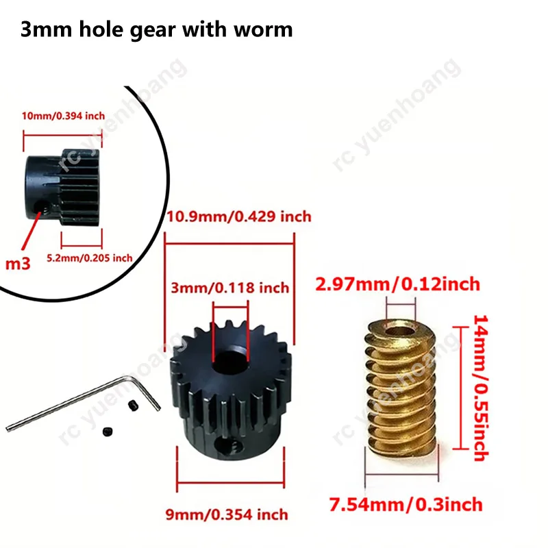 3mm/4mm/5mm Hole 0.5M 20T Steel Spur Gear 3mm Bore Press‑Fit Brass Worm Drive Transmission Kit for RC Model DIY Modification
