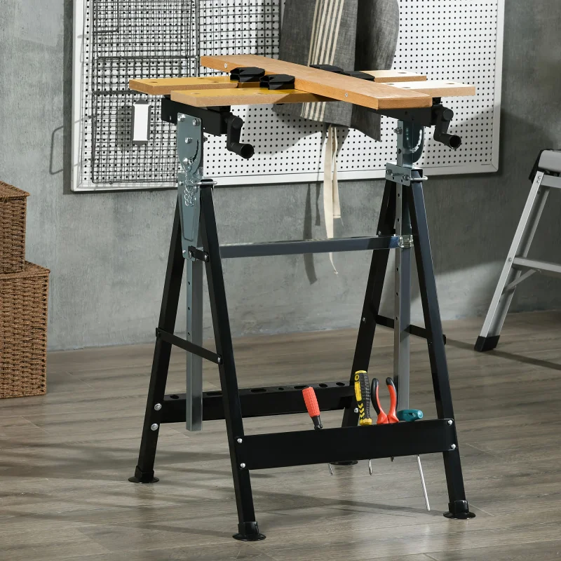 Work Bench Tool Stand With Adjustable Height And Angle, Carpenter Saw Table With 4 Clamps, Steel Frame, 220lbs Capacity