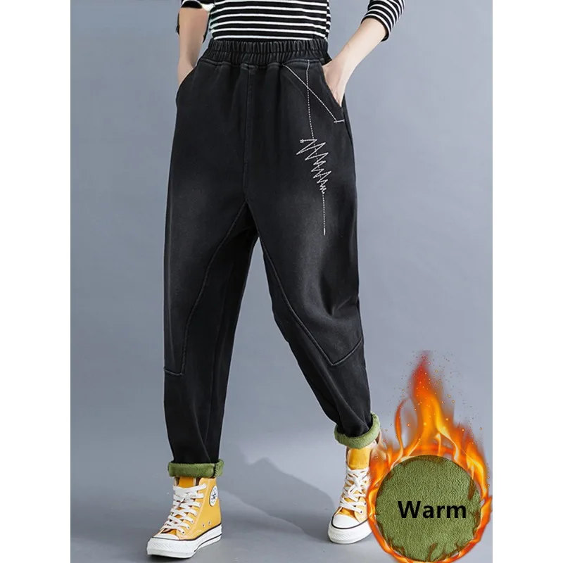 Women New Winter Elastic High Waist Harem Vaqueros Bleached Embroidery Fleece Denim Pants Plus Velvet Baggy Vintage Warm Jeans