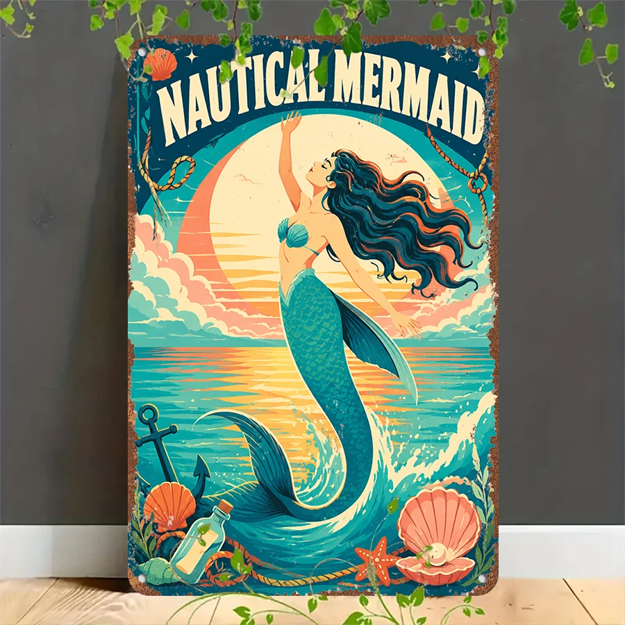 2D flat retro metal tin plate,  Vintage Nautical Mermaid Wall Tin Sign, Suitable for home, garage, café, bar and garden decoration