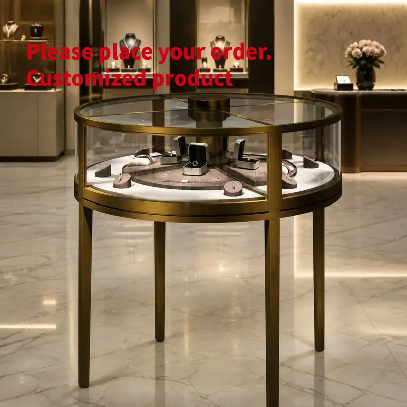 custom.Round Brass Metal Jewelry Display Cabinet Rotating Inner Tray Tempered Glass Showcase Four Jewellery Shop Counter