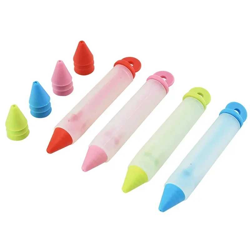 Silicone Food Writing Pen Decorating Pen with 4 Patterns of Icing Piping Pen Tips Cookie Cream Pastry Decorating Pens for Baking