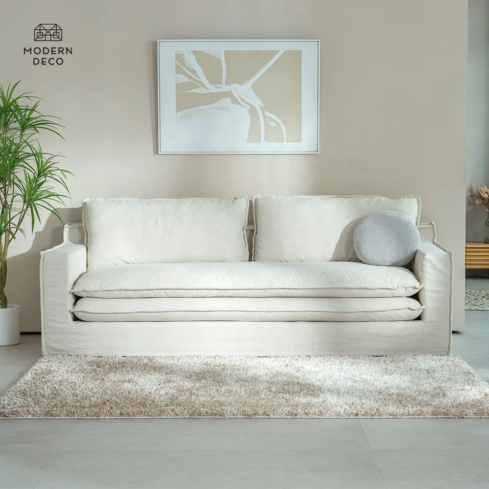 

Beige Cream Linen Duck Down Feather Sofa Couch 3 Seat With Feather Filled Cushions 2023 New EDSF03