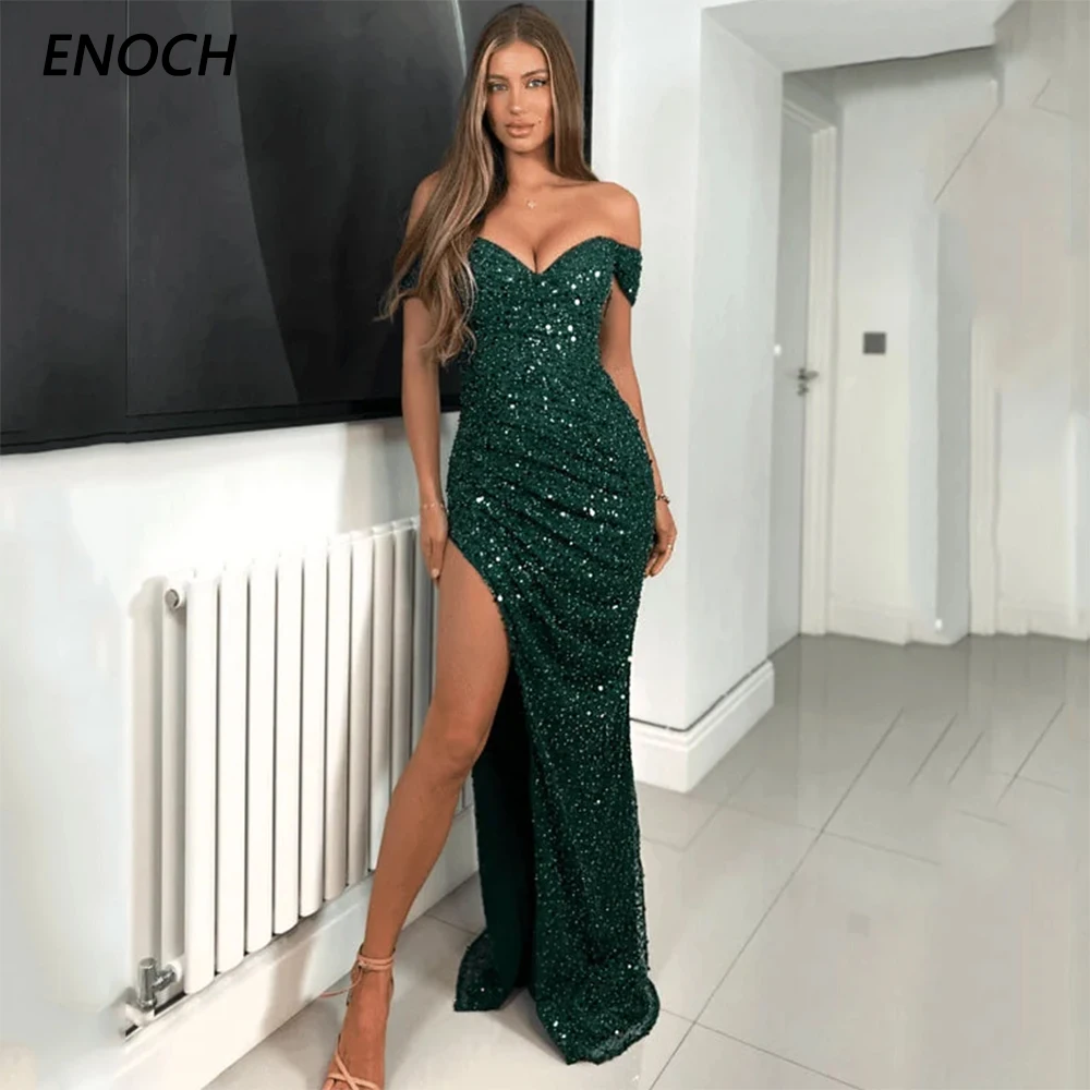 ENOCH-Vestidos De Noche De sirena para mujer, ropa Sexy con abertura lateral, escote Corazón, hombros descubiertos, lentejuelas, cremallera trasera, fiesta