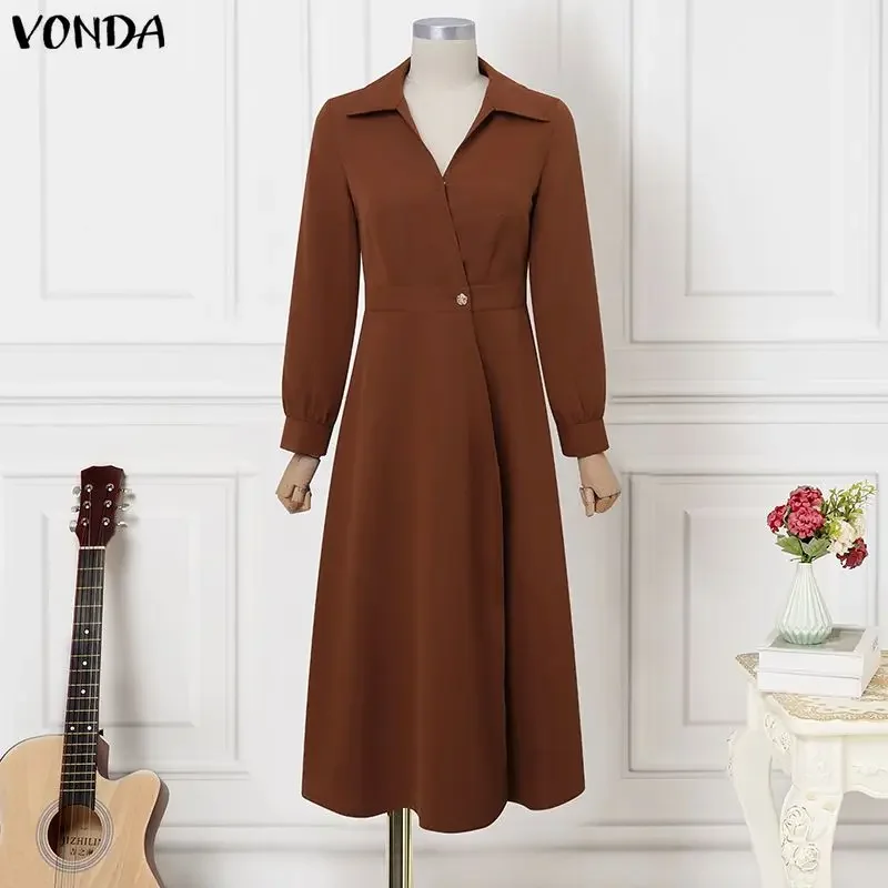 VONDA Elegant Party Dresses Women Long Sleeve Lapel Solid Midi Vestidos 2026 Autumn Spring Buttons Fashion Robe Plus Size 5XL 2