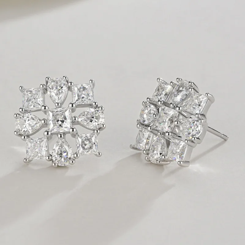 Jellystory 1.9ct Square & Pear Cut Moissanite Stud Earrings S925 Silver 18K White Gold Plated Cluster Snowflake Design for Women