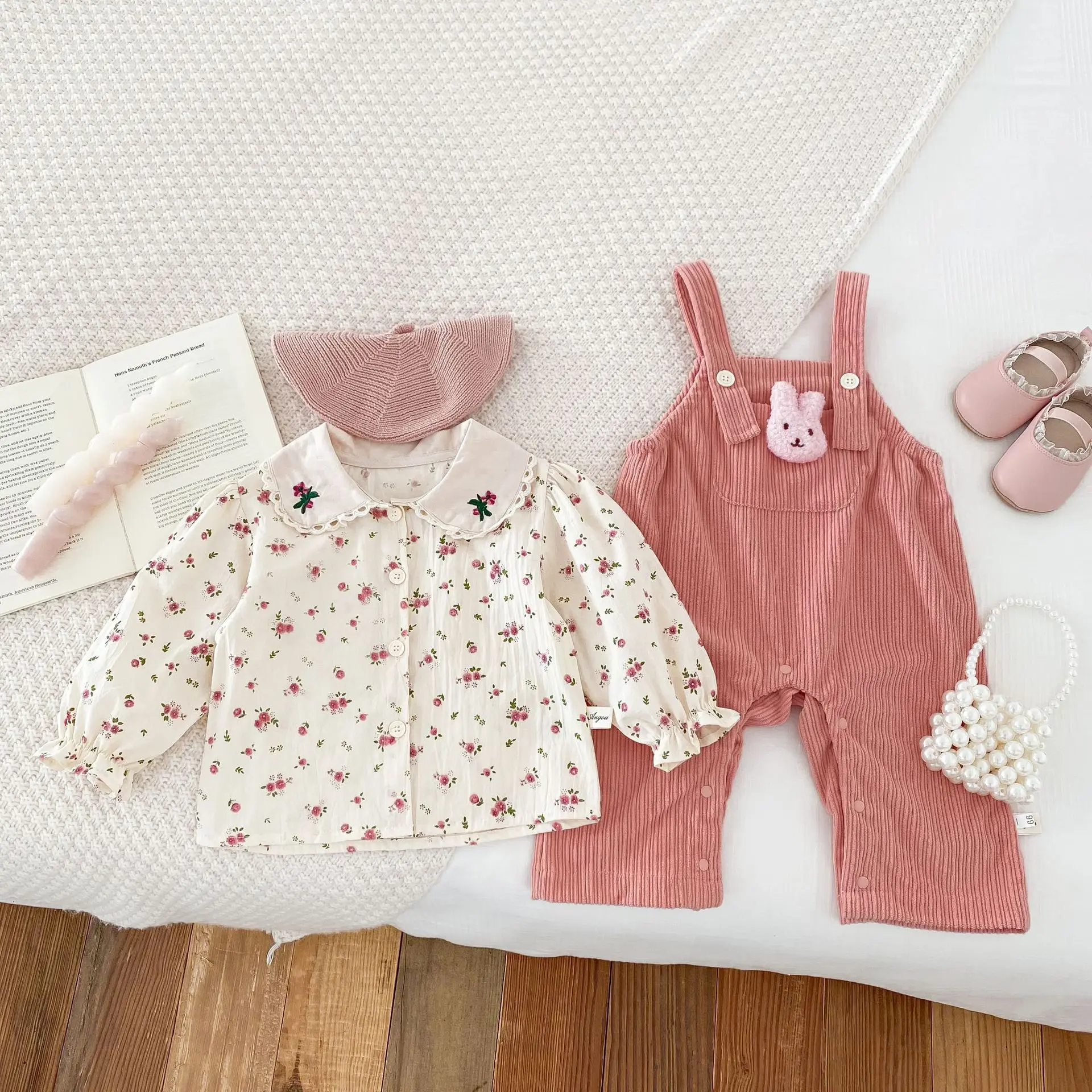 Autumn Newborn Infant Baby Girls Cartoon Corduroy Romper + Lapel Flower Shirt Rompers Kids Onepiece Fashion Baby Clothing
