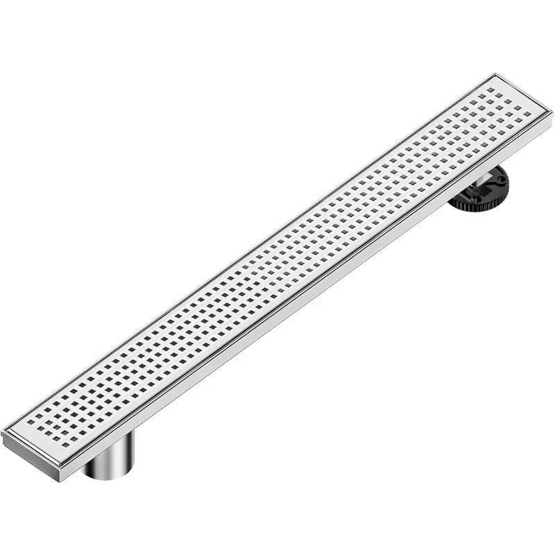 24-Inch Offset Side Outlet Linear Shower Drain with Quadrato Pattern Grate Cover, Brushed 304 Stainless Steel Rectangle Shower