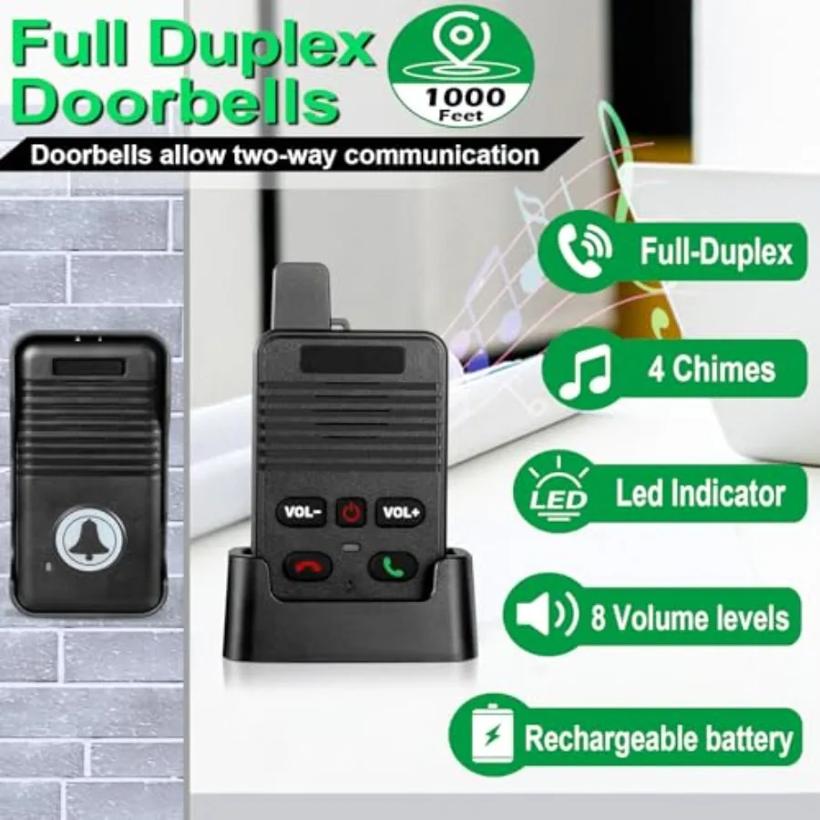 Wireless Doorbell for Home House Business, Waterproof Full Duplex, 1000ft Range, Two-Way Communication, 8 Volume Levels, 4 Chim