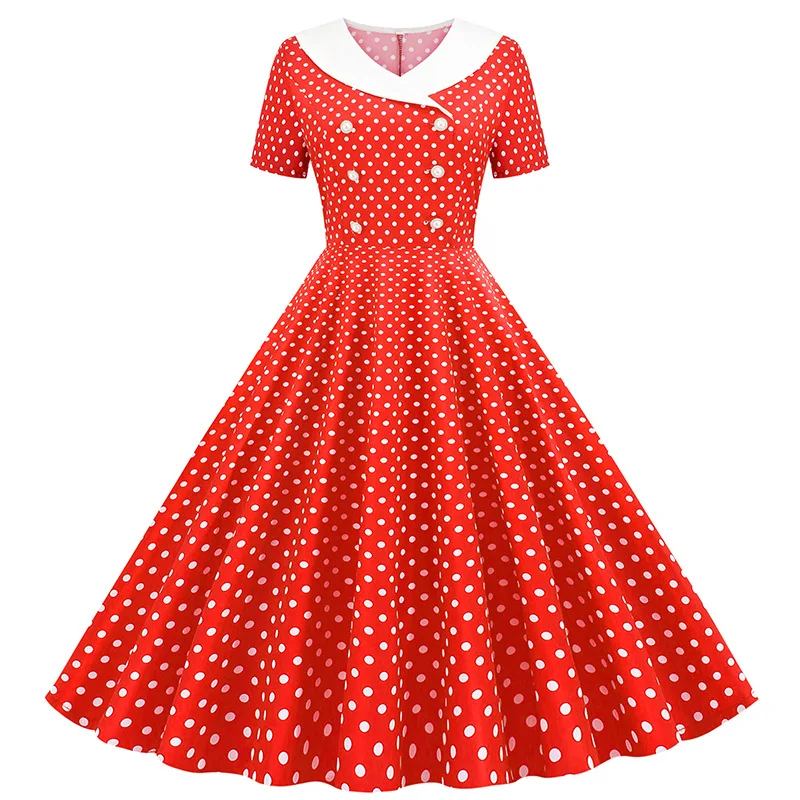 

Summer Women's Polka Dot Print Lapel Vintage Hepburn Swing Dress Sweet Short Sleeve Double Row Fake Button Printed Dress