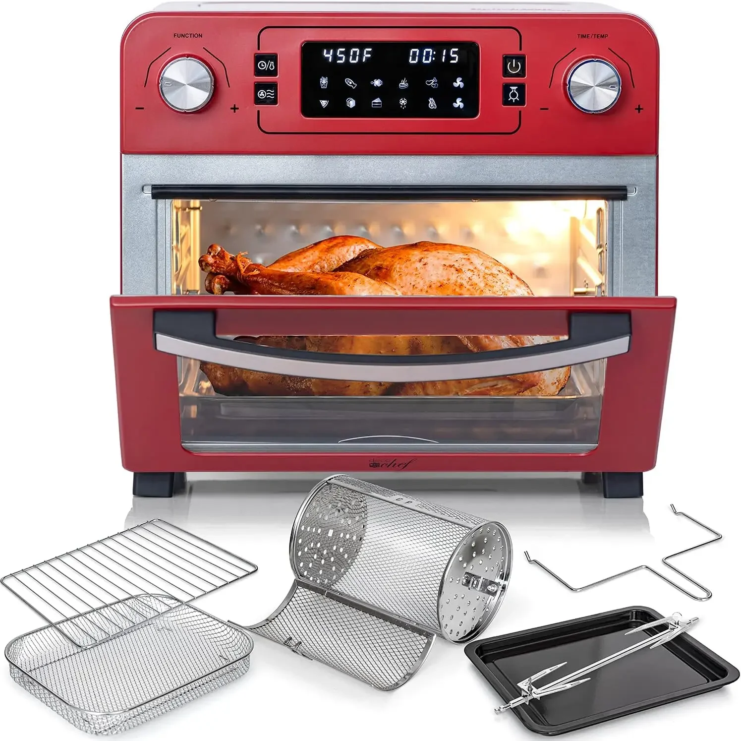 Chef 24 QT Red Stainless Steel Countertop 1700 Watt Toaster Oven with Built-in Air Fryer and Included Rotisserie Assembly,