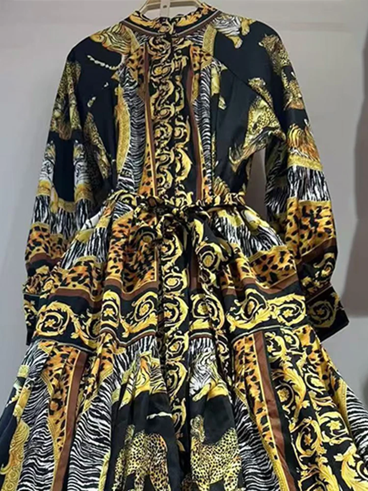 Gonna camicia in vita legata con colletto rialzato con stampa geometrica retrò 2025 gonna soffice da donna autunnale abito lungo ampio alla moda