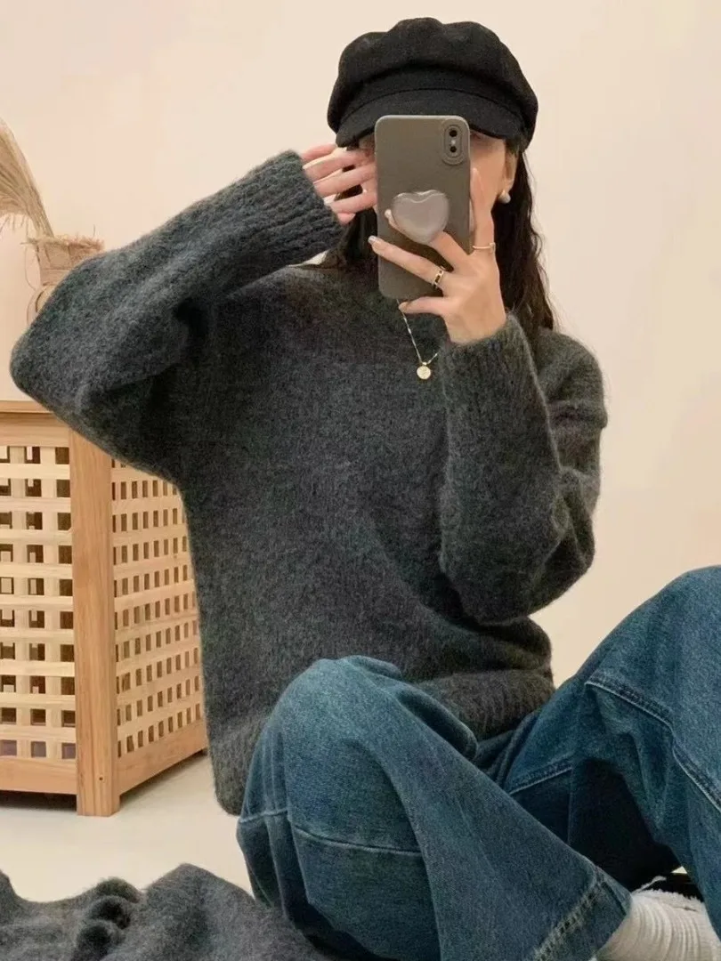 سترة نسائية محبوكة فضفاضة طويلة من Sve سترة تريكو كورية مستديرة Ne باللون الأحمر مع وشاح كسول Sle شتوي Aosphere Faion