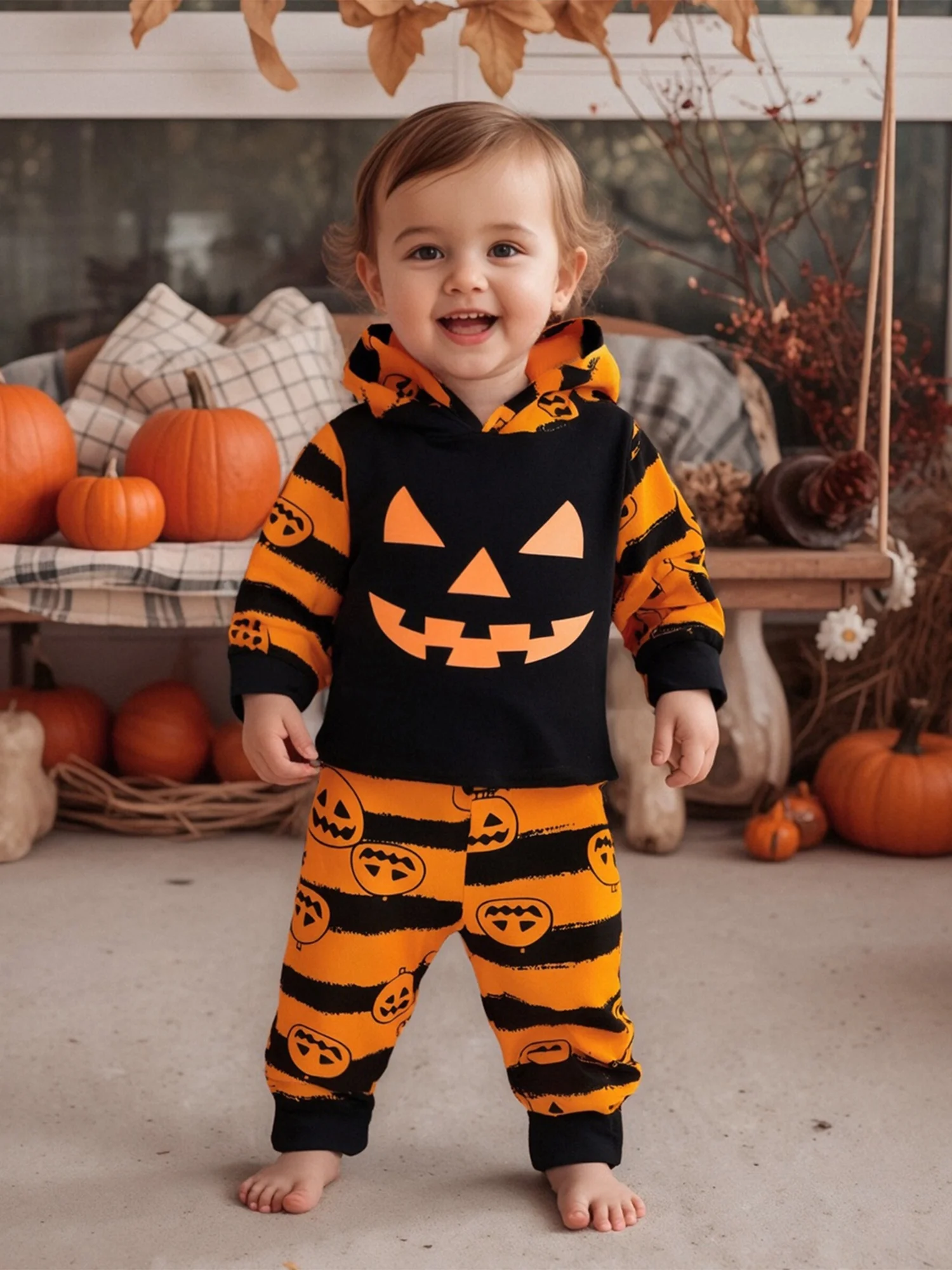 

Fall 2025 New Children's hoodie Pantsuit Halloween pumpkin print casual and comfortable children's hoodie suit